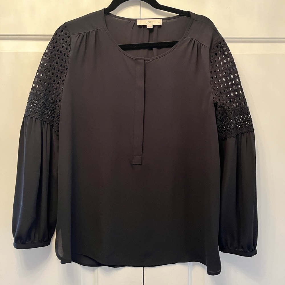 Loft Eyelet Long Sleeve Black Top